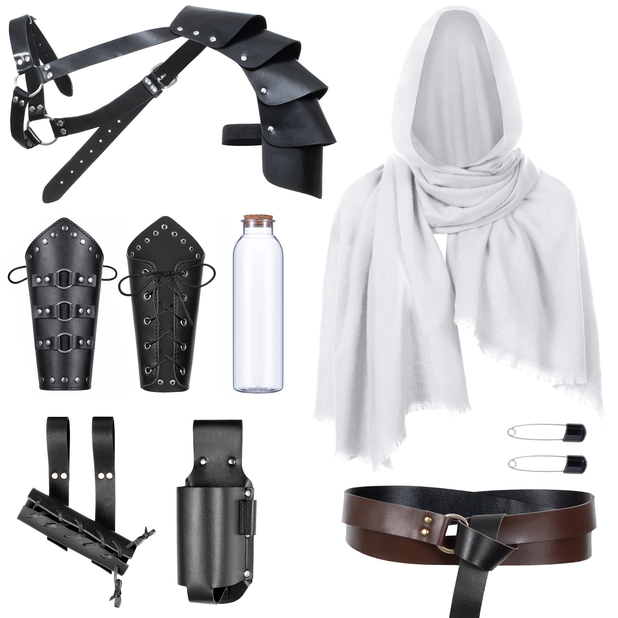 Medieval Knight Leather Belt Shawl Men Renaissance Half Shoulder Cape Scarf Buckle Bracers Retro Magic Cork Potion Bottle Sword Frog Accessories(Type3)