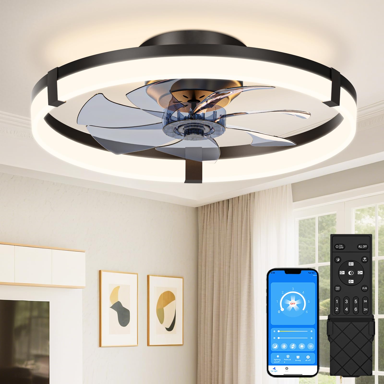Photo 1 of  ******factory sealed****** VOLISUN Low Profile Ceiling Fans with Lights and Remote, 20in Flush Mount Ceiling Fans with Light, 3000K-6500K Dimmable Fandelier Ceiling Fan, Black Bladeless Ceiling Fan for Bedroom