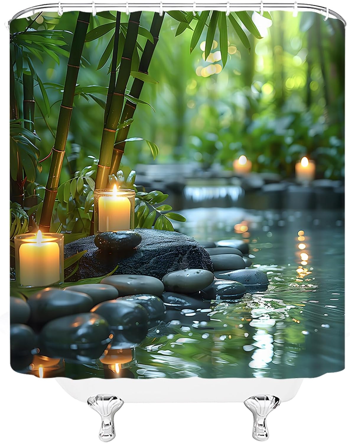 Zen Spa Shower Curtain Bamboo Stone Candle Nature Water Reflection Calming Meditation Fabric Bathroom Decor Set with Hooks(70" Wx70 H)