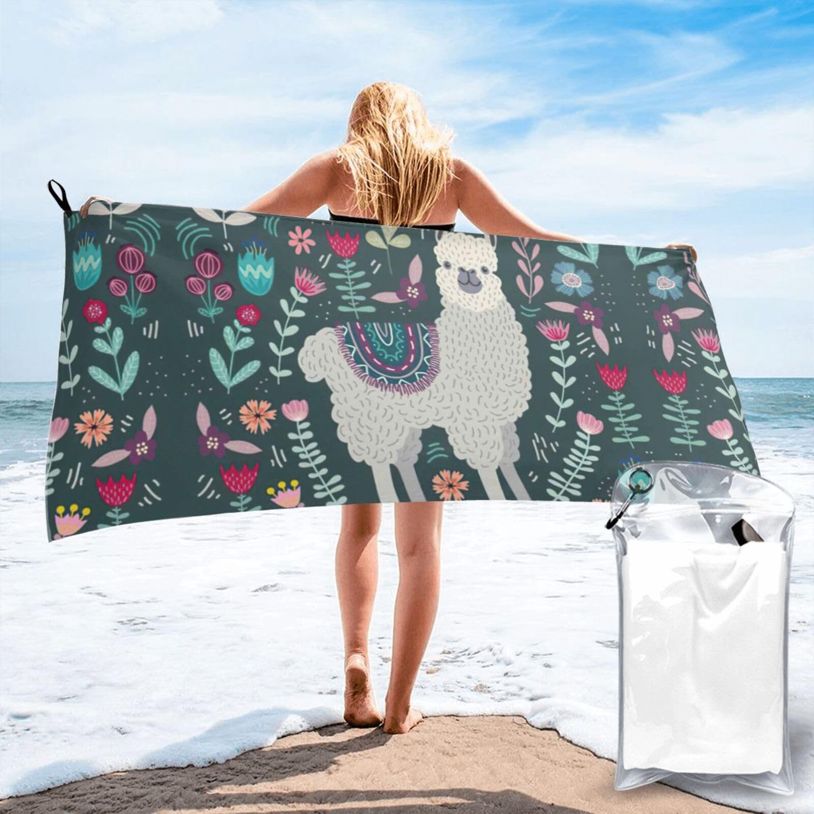 Jiuty White Cute Llama Floral Print Fast Dry Beach Towel Portable For Swimming Travel Gym Hiking Gift