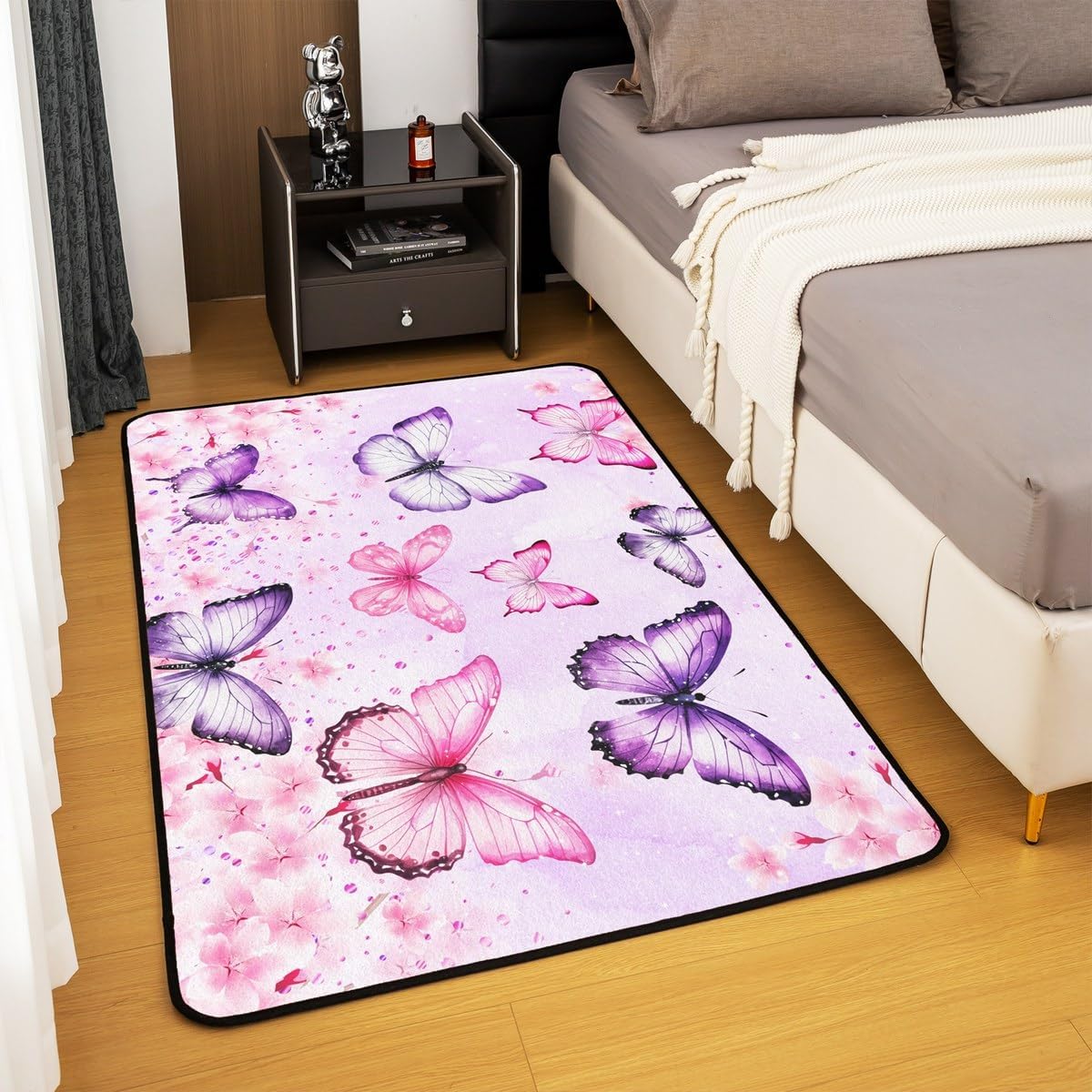 Pink Purple Butterflies Area Rug 3x5 Pastel Cherry Blossom Rug for Girls Boys Kids Adult Wild Butterfly Carpet for Living Room Botanical Flower Non Slip Washable Decorative Rug