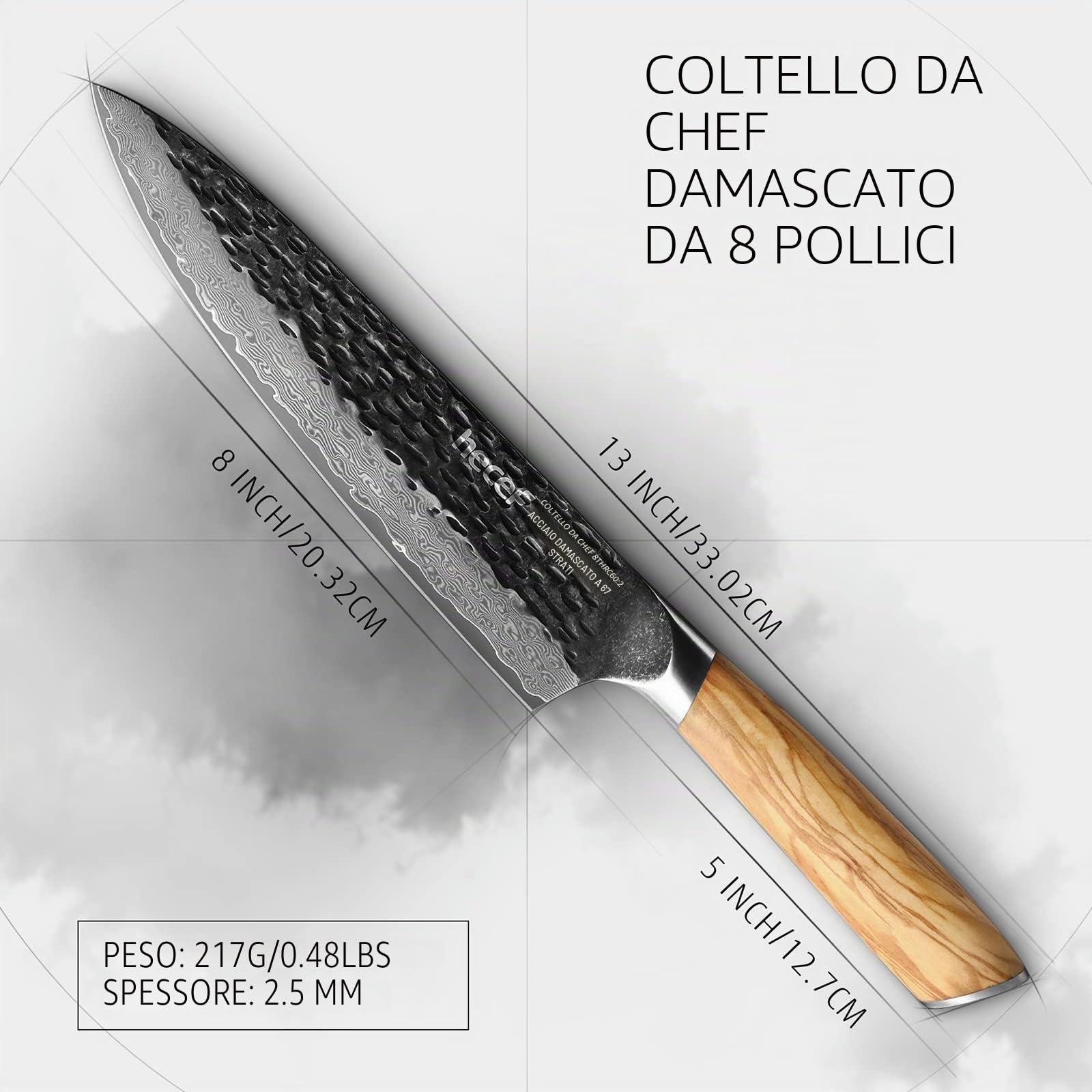hecef Coltello da Cucina Damasco 20 cm con Manico in Legno d'Ulivo | Coltello giapponese professionale, coltello chef in 67 strati di acciaio Damasco, per frutta, verdure e cucina di casa