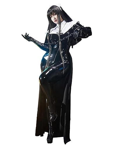 miccostumes x Chowbie Sisters Costume Women Nun Cosplay Black Bodysuit Jumpsuit with Collar Headband Necklace - Large