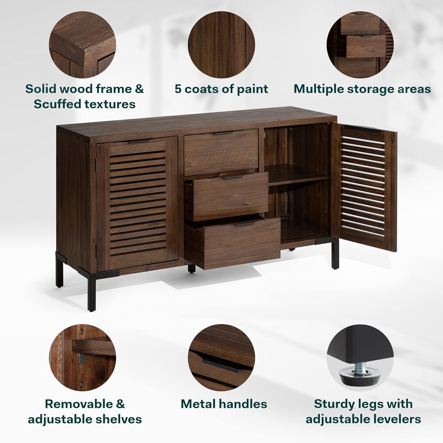 Bme Millie Solid Wood Sideboard Storage Cabinet with Storage, Pre-Assembled with 3 Drawers & 2 Doors, Adjustable Shelves