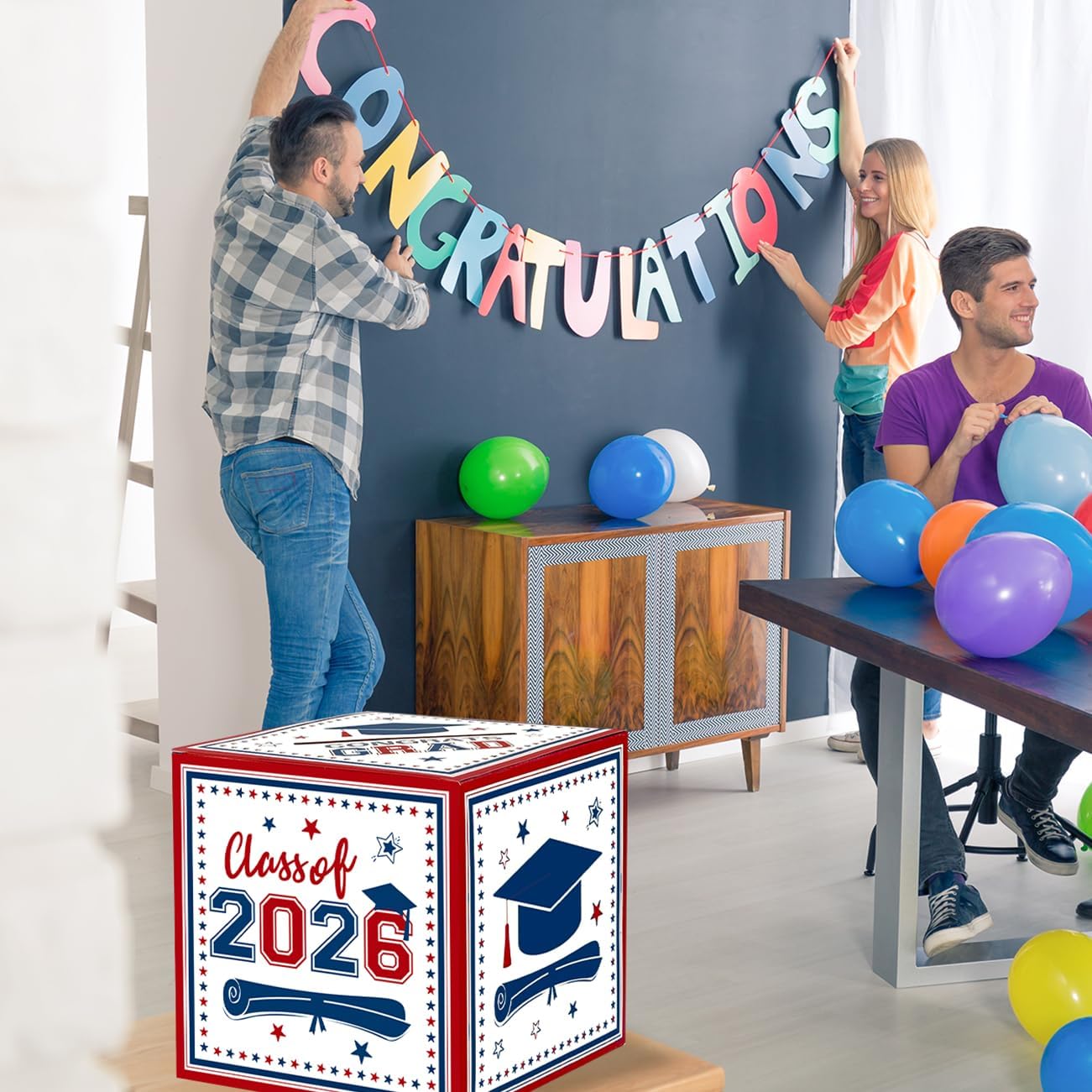 ssailue decor Graduation Party Decoration Class of 2026 Graduation Card Box Red and Blue Congrats Grad Box Holder for Card Fun Graduation Party Ideas