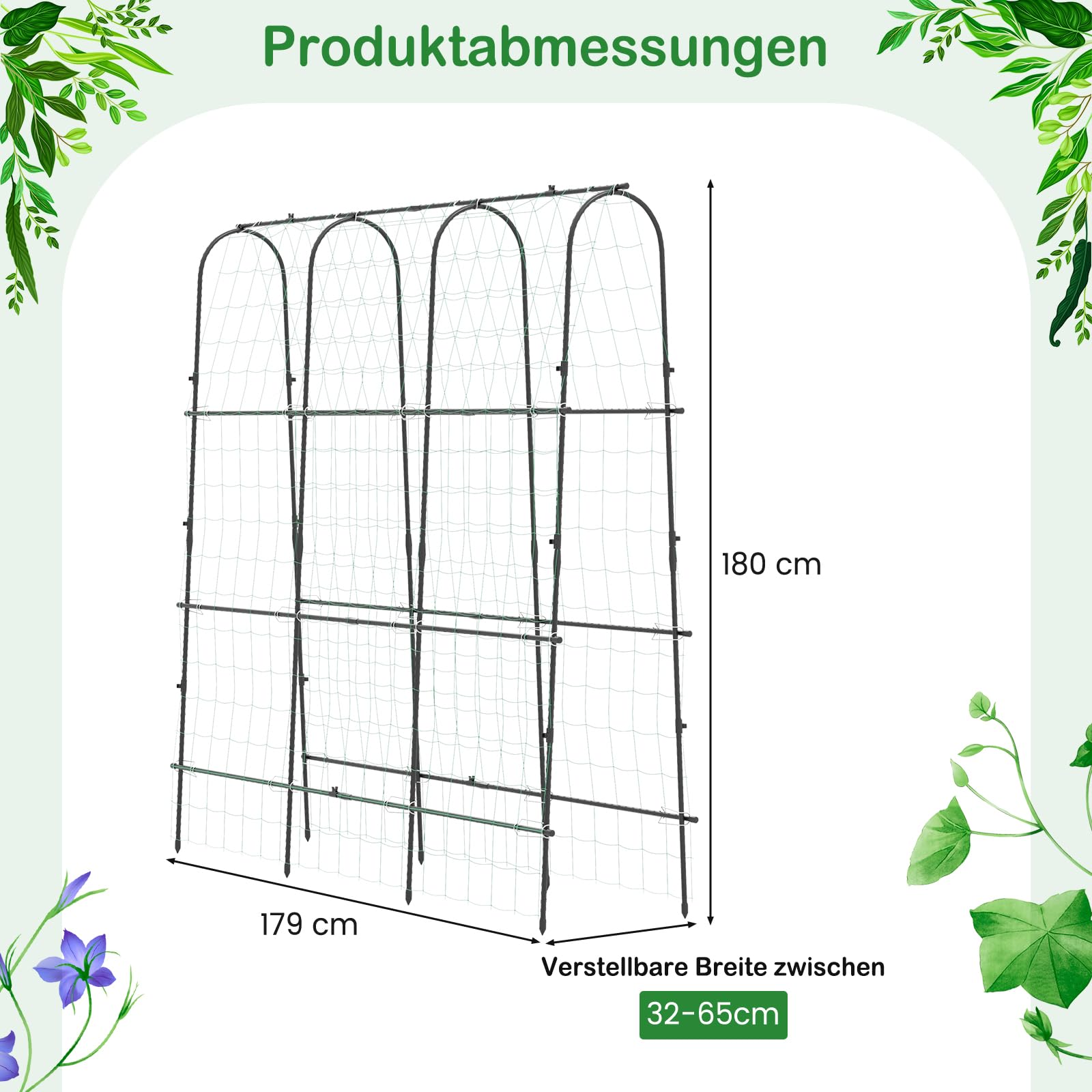 RELAX4LIFE Rankgitter für Kletterpflanzen, 180 cm hoch, U-förmiges Rankhilfe Garten, einstellbare Breite, Pflanzenstütze Metall mit Ranknetz & Clips, Pflanzenspalier für Gurken, Tomaten, Erbsen