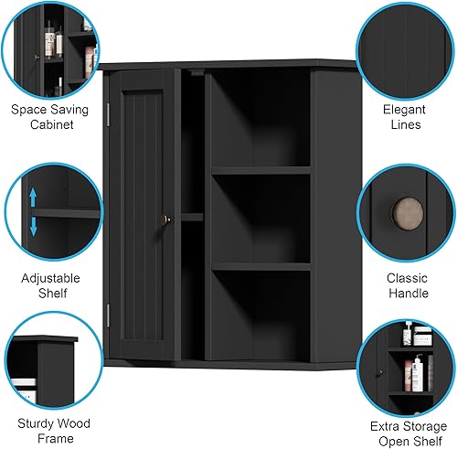 Miniatura 6 de Treocho Armario de pared de baño, botiquín con puerta y estante abierto, organizador de almacenamiento montado en la pared para baño, espresso