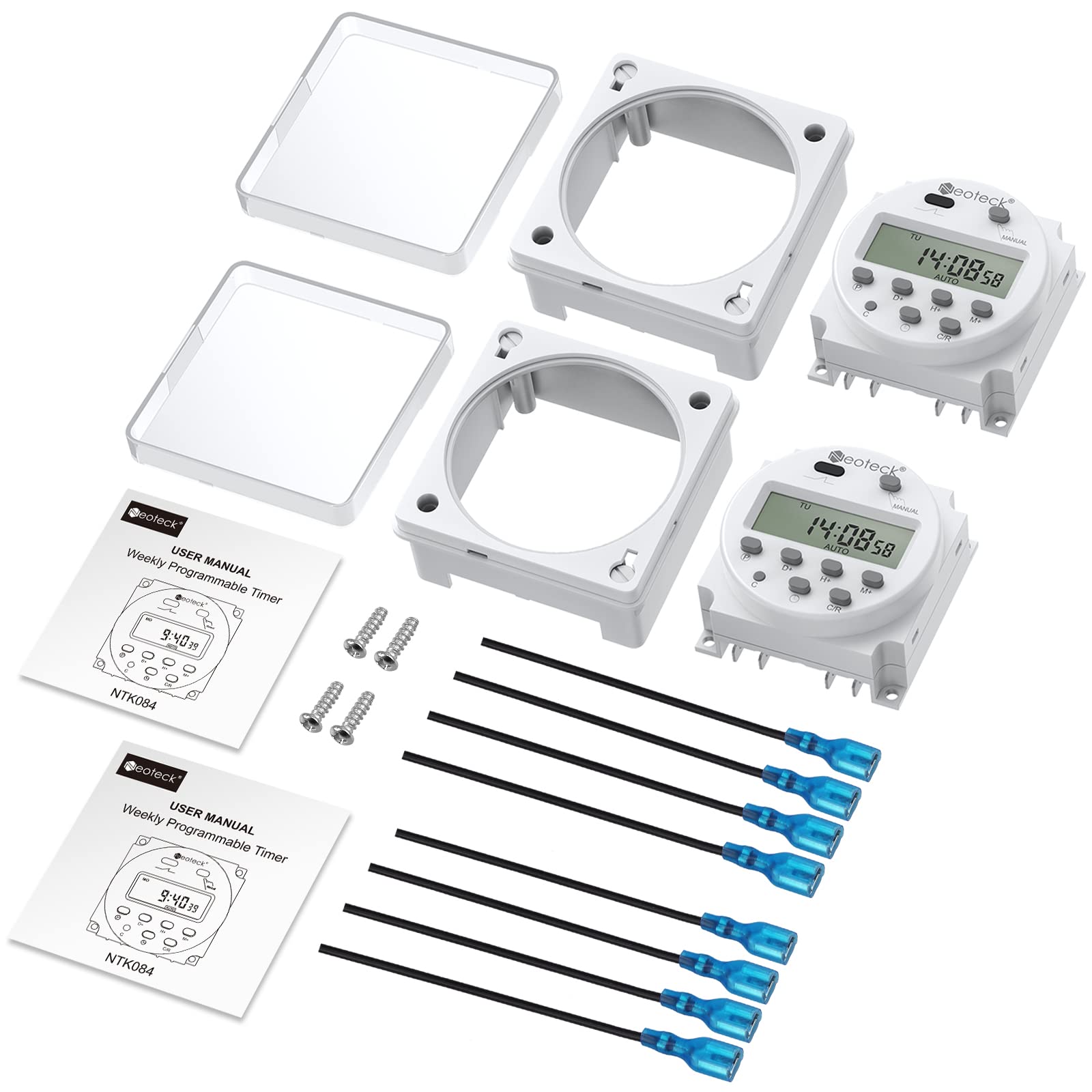 Neoteck 2pcs 12V 16A Prise Programmateur Digital à 16 Programmes Horloge Programmable Minuteur Prise Electrique LCD Affichage Numérique Antivol avec Boîtier Étanche/Ensemble de Borniers de Connexion