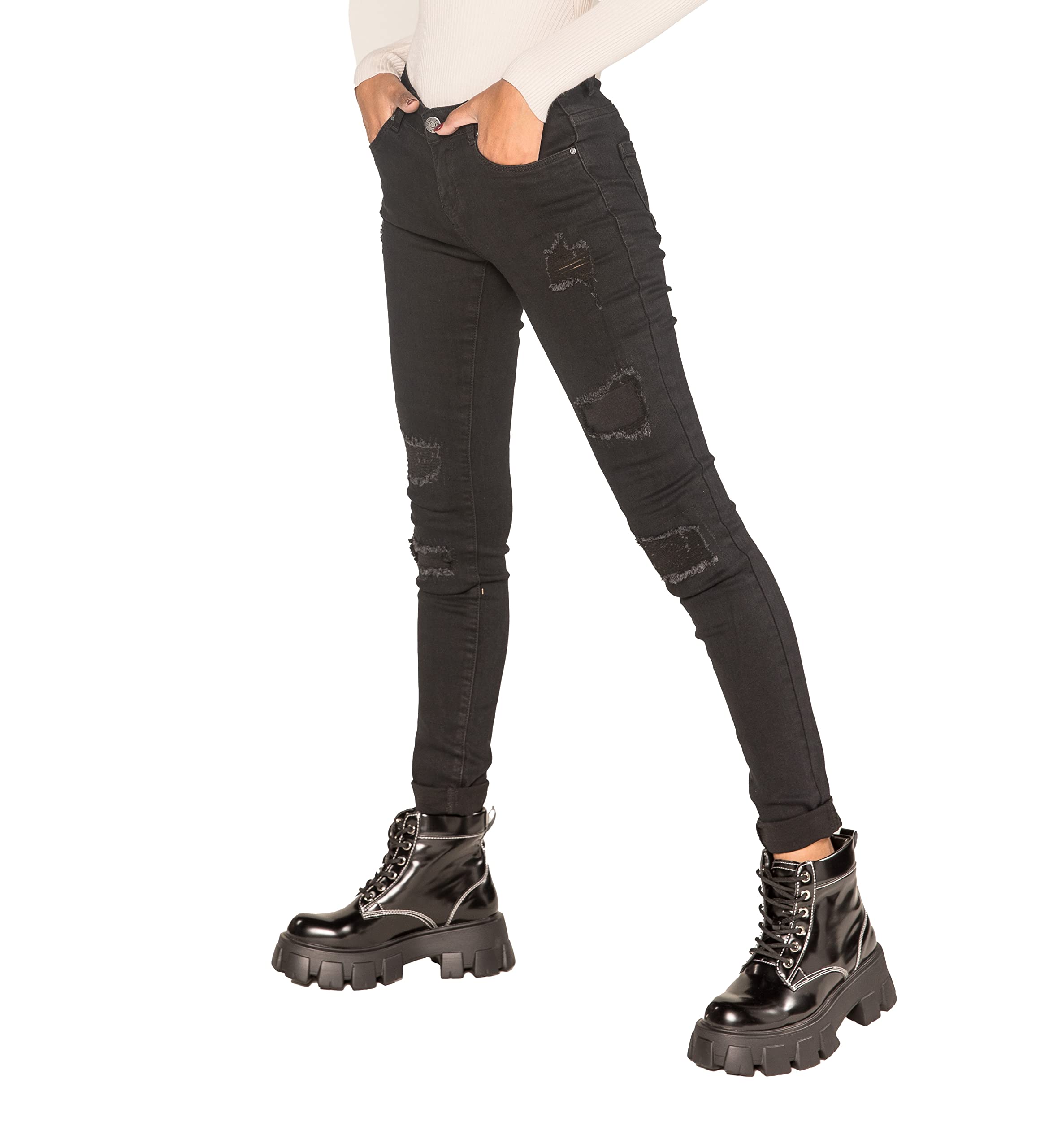 Nina Carter P100 Jean coupe skinny pour femme Taille basse avec effets usés Effet délavé