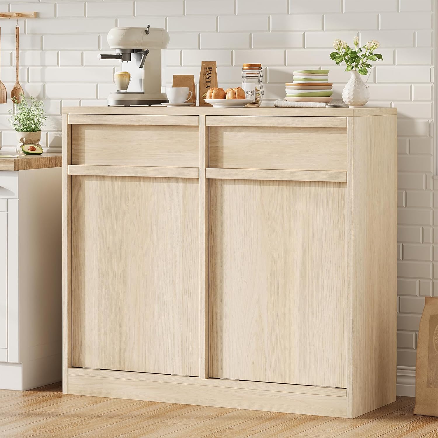 GarveeHome Double Tilt Out Trash Cabinet, Modern Trash Cabinet with 20 gal Storage, Hidden Freestanding Garbage Can Cabinet Laundry Hamper for Kitchen Dining Living Room