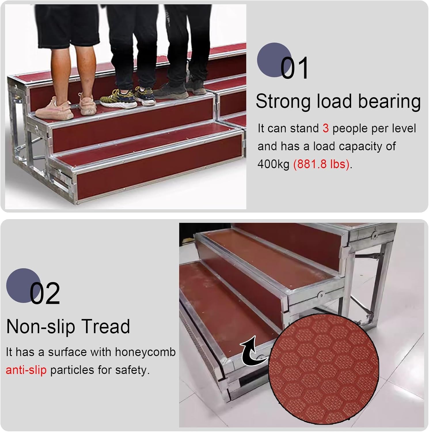 Red Concert Hall Choir Stage Risers - Elevated Singing Steps Platform for Music Shows, Weddings & Churches - Durable Choral Stair Tread for Optimal Performance