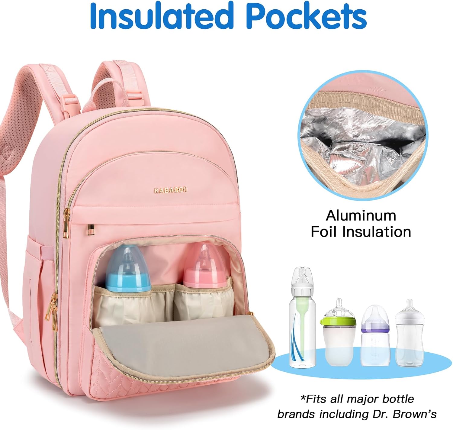 KABAQOO Baby Diaper Bag Backpack, Waterproof Diaper Backpack for Mom & Dad with Changing Pad, Insulated Pockets and Stroller Straps, Baby Shower Gifts for Girls & Boys, Pink