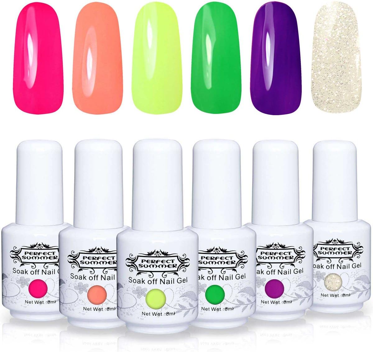 Perfect Summer Gel Nail Polish - 6 Neon Colors Gel Nail Varnish Soak Off Lacquer LED Manicure Starter Kit Pure Glitter Collection 8ML 031