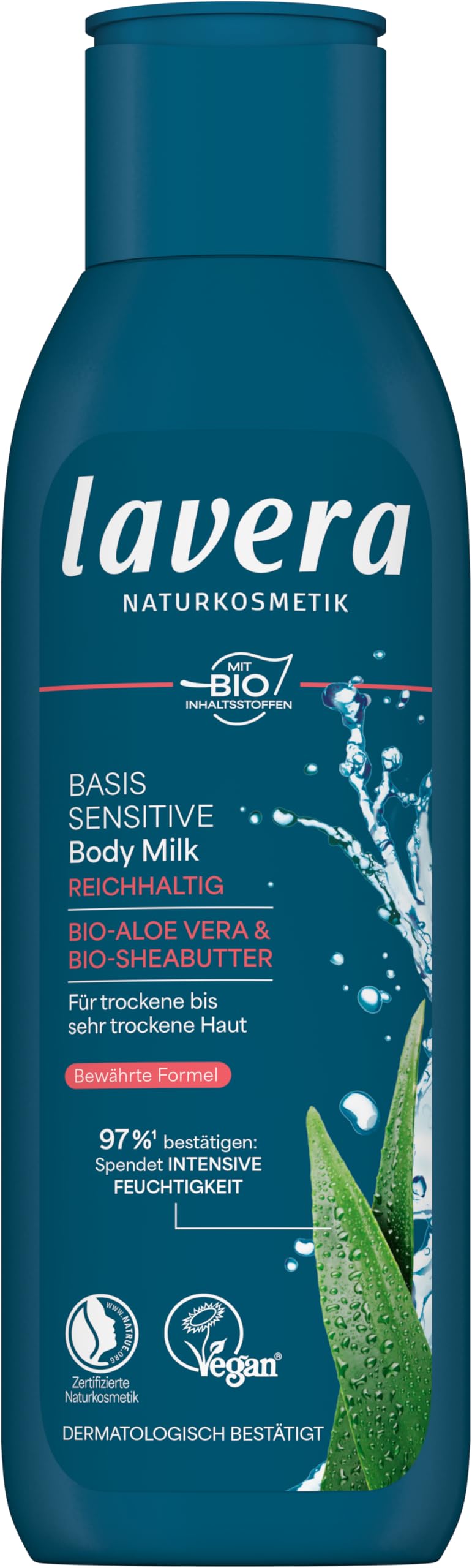 lavera basis sensitiv Body Milk Reichhaltig – Naturkosmetik – vegan - Bio-Aloe Vera & Bio-Sheabutter – 24 h intensive Feuchtigkeitspflege - PETA zertifiziert - Biologisch abbaubar - Bodymilk - 250 ml