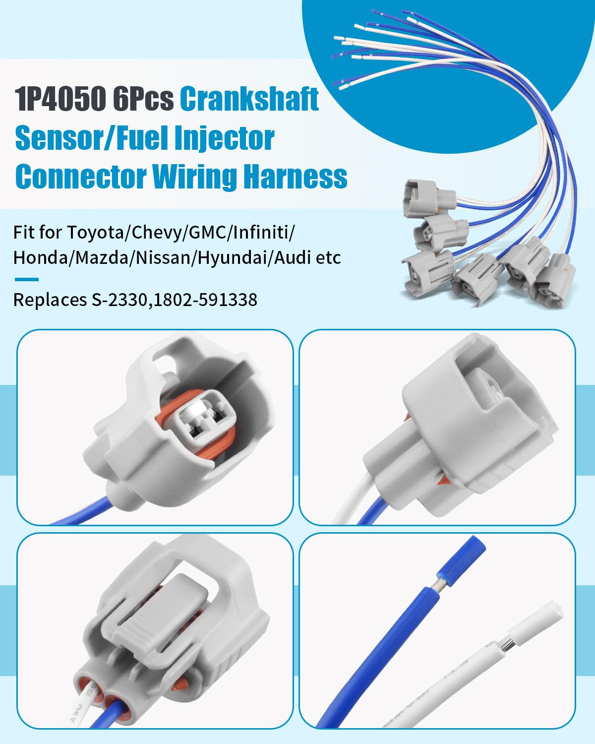 6Pcs 1P4050 Crankshaft Sensor & Fuel Injector Connector Wiring Harness Fit for Toyota, Chevy, GMC, Infiniti, Honda, Mazda, Nissan, Hyundai, Audi etc Replace S-2330,1802-591338