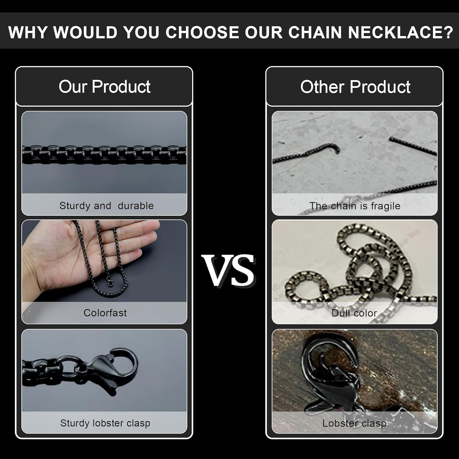 Black Square Rolo Chain Stainless Steel Round Box Chain Necklace Men Women - Image 5