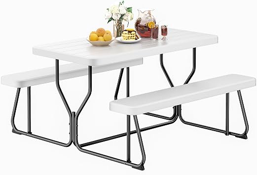 Outdoor Picnic Table with Benches Set HDPE Picnic Tables for Outdoors, Wood Texture Picnic Table Bench, Rustproof Steel Frame, Seats 4 Adults, Ideal for Camping, Backyard Parties White-4.5ft