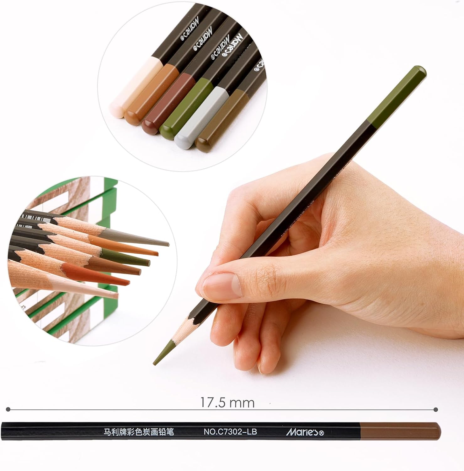 Marie's Colored Charcoal Pencils Set, 6 Colors 12 Pieces, Pastel Chalk Pencils for Drawing, Sketching, Coloring & Shading, Art Supplies for Adult Artists (Multicolor)