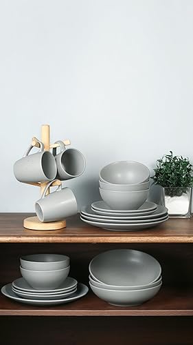 Miniatura 6 de Famiware Moon - Juego de vajilla para 4, 12 piezas de cerámica con diseño moteado, juego de platos mate, apto para microondas y lavavajillas, gris