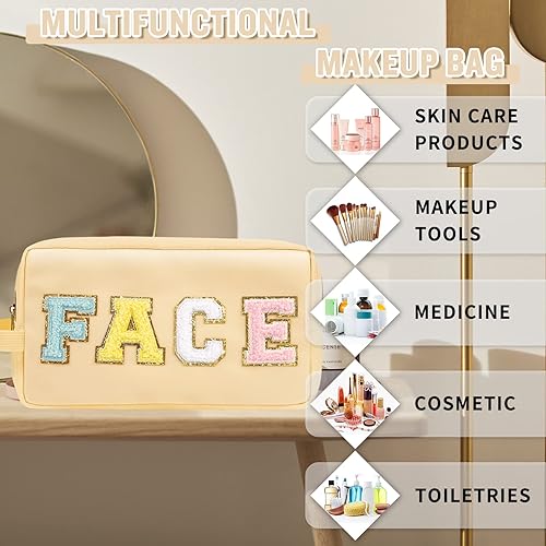 Miniatura 4 de UIXIZQ Preppy - Bolsa de cosméticos de nailon para mujeres y niñas, bolsa de maquillaje portátil con parches de letras de chenilla, bolsa