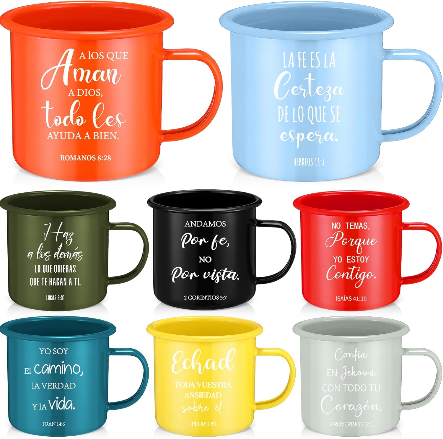 8 Pcs Christian Enamel Mugs 16oz Spanish Religious Inspirational Christmas Coffee Mugs with Bible Verse Christian Drinking Cups with Scripture Xmas Gifts for Men Women Church(Colorful)