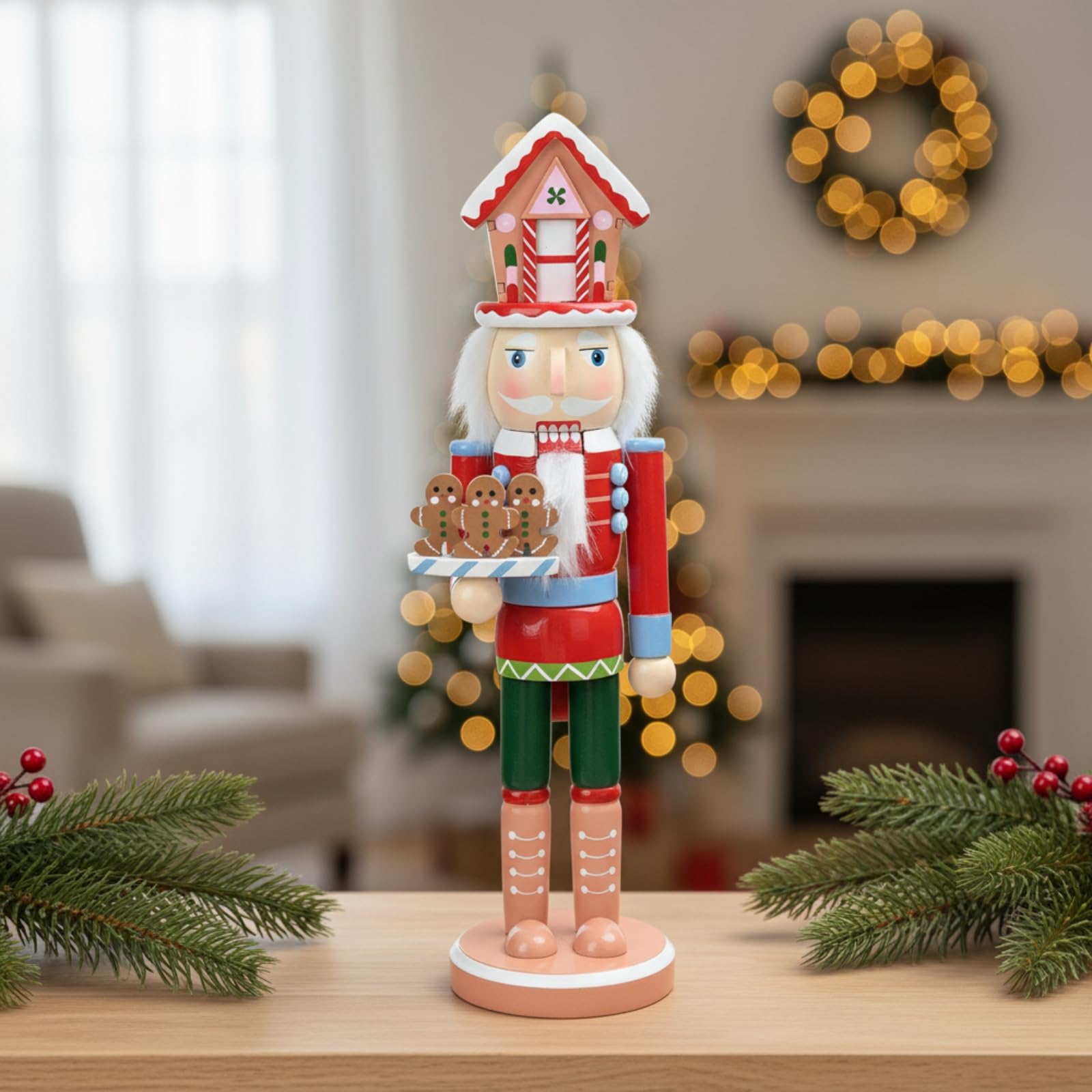 Harilla Figura de Festivo Muñeco Adorno Navideño Decoración de Mesa Centro de Mesa Base Redonda Estable Madera con Bandeja Decorativa