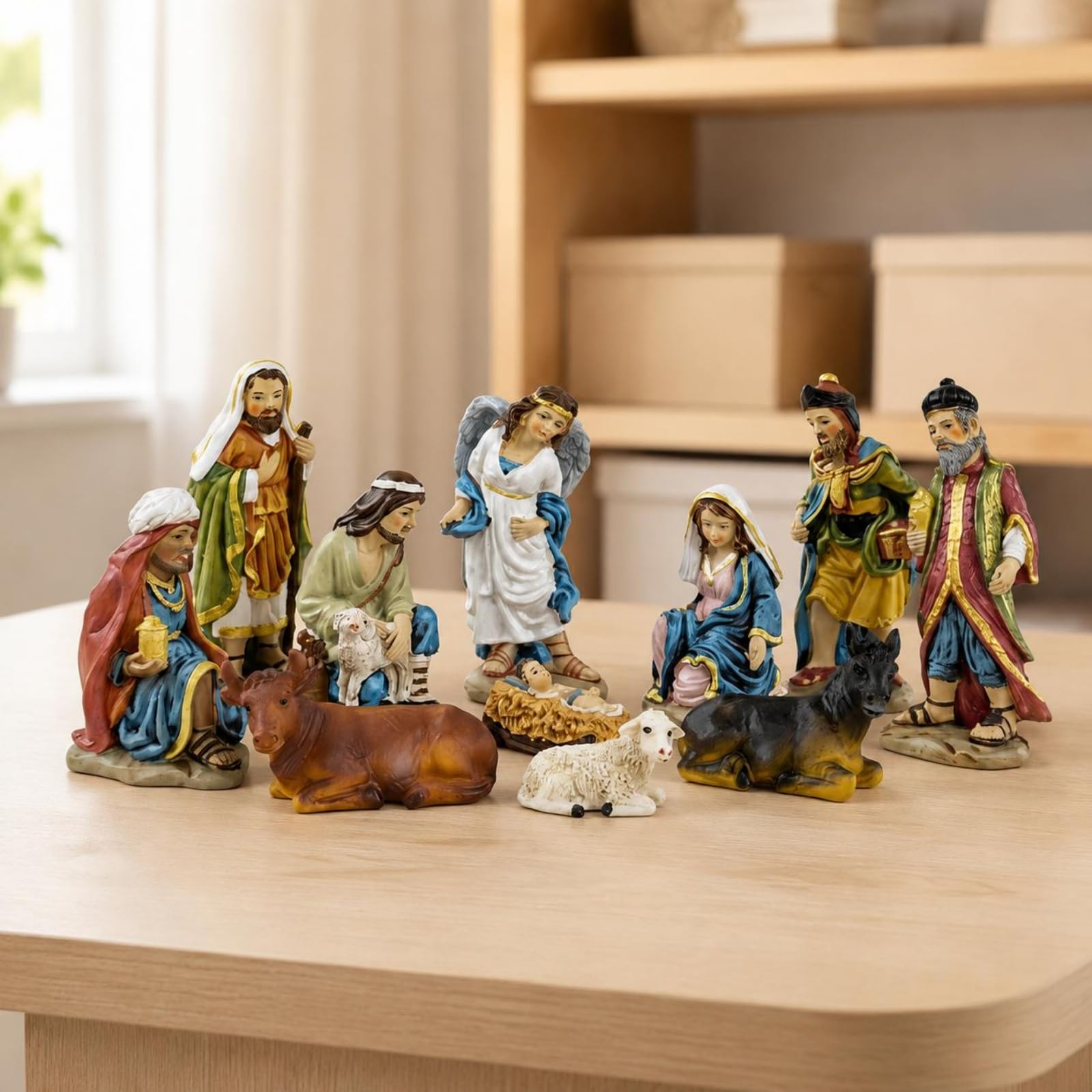 1 Krippe Miniatur Set Krippenszene Figuren Weihnachtskrippe Figuren Krippenfiguren Miniaturen aus Kunstharz mit Sorgfältigen Gesichts Und, Antikbronze