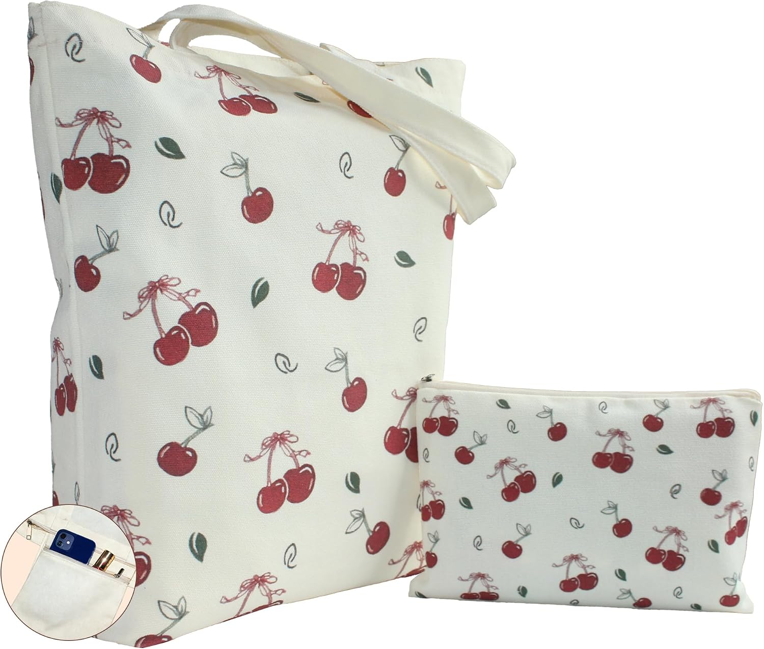 2 Pack Aesthetic Canvas Tote Bag with Zipper Makeup Bag, Reusable Grocery Bags for Shopping, Camping, Library