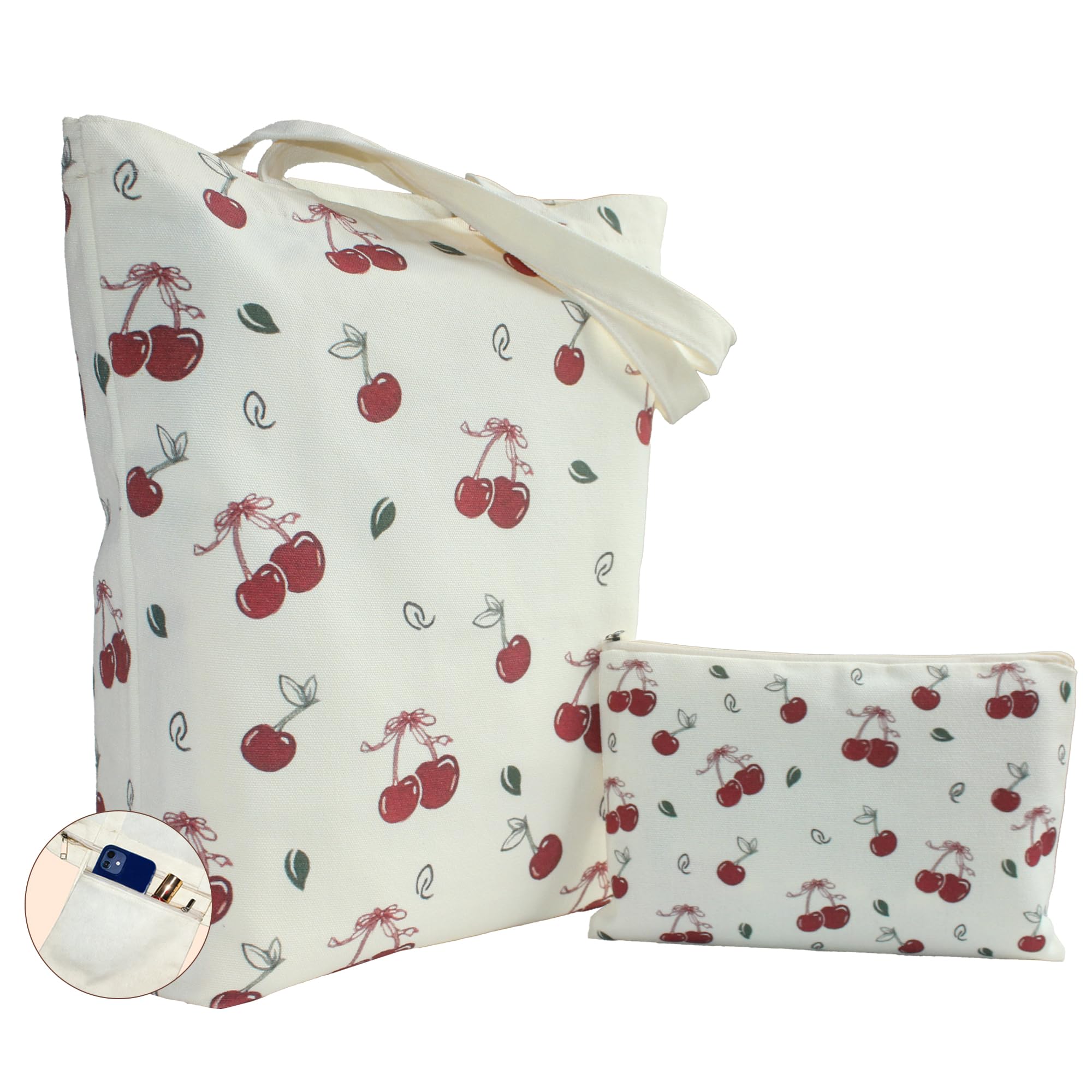 2 Pack Aesthetic Canvas Tote Bag with Zipper Makeup Bag, Reusable Grocery Bags for Shopping, Camping, Library