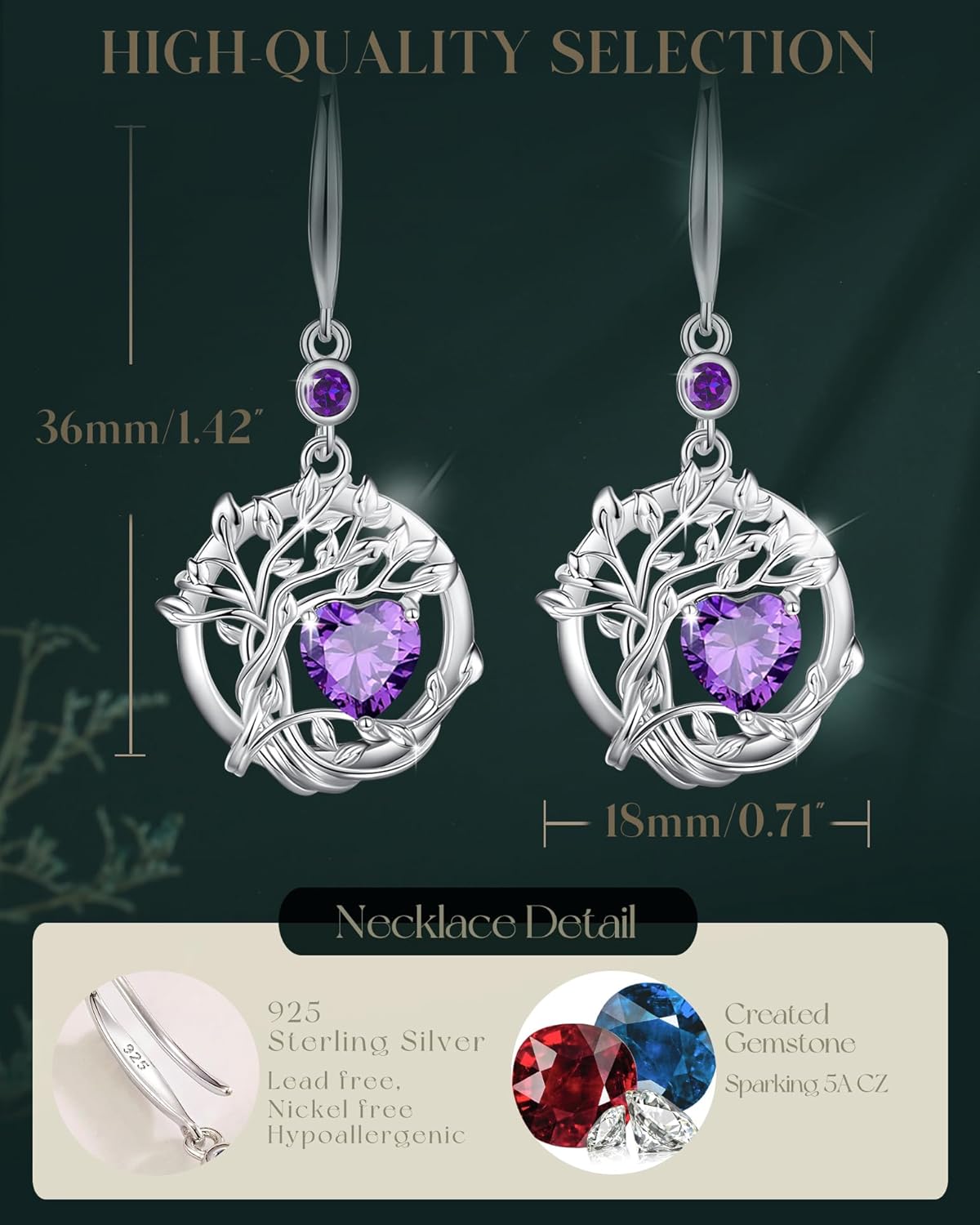 FANCIME Tree of Life Dangle Drop Earrings 925 Sterling Silver Dainty Round Gemstone Birthstone Earring Fine Jewelry Birthday Mothers Day Gifts for Her Women - Image 6