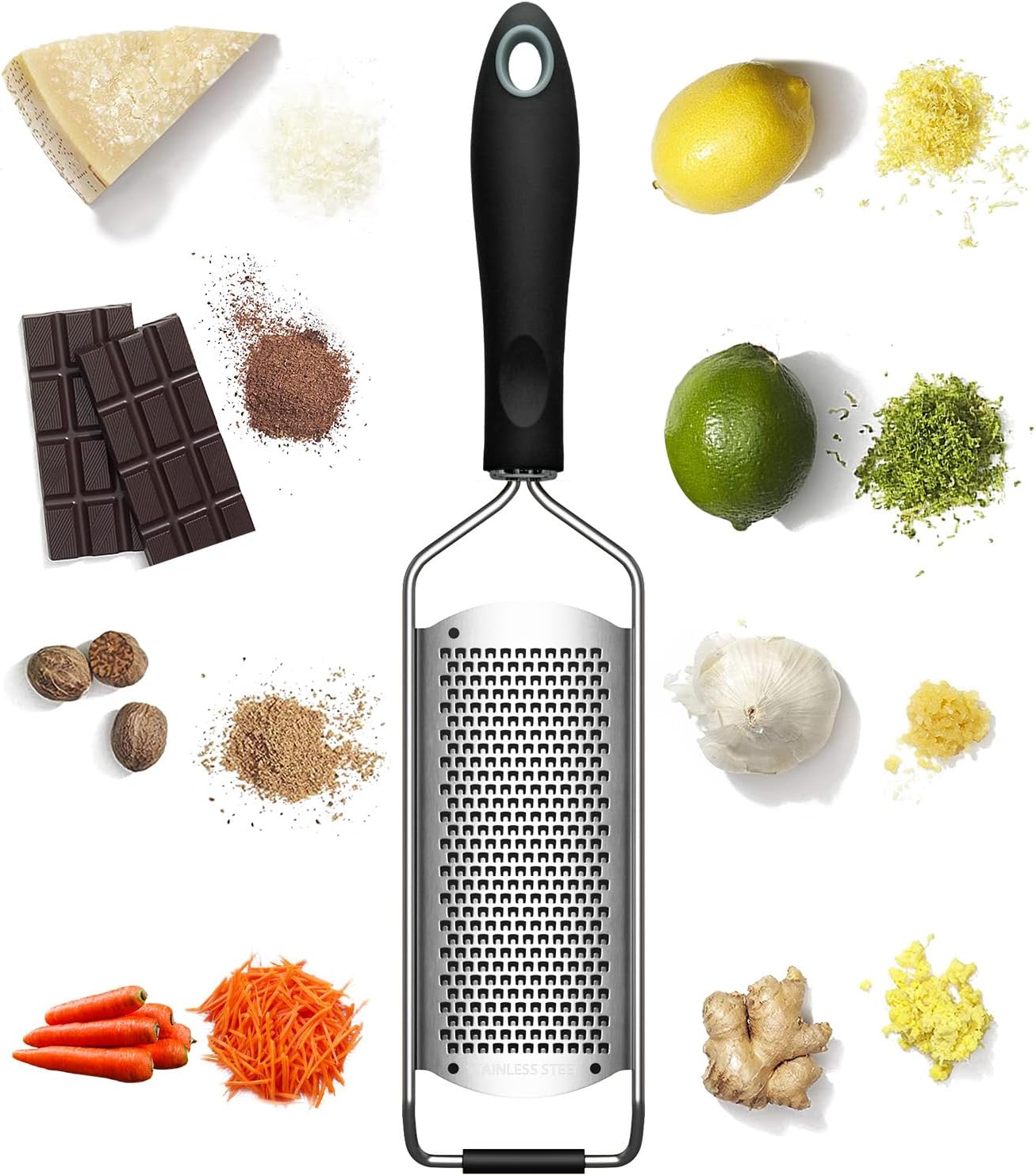 Parmesan Cheese Grater, Zester Grater Ideal for Grating Fine Parmesan Cheese, Lemon, Gingers, Garlic. Hand Grater Sharp Wide Stainless Steel, Dishwasher Safe, TPR Soft Handle