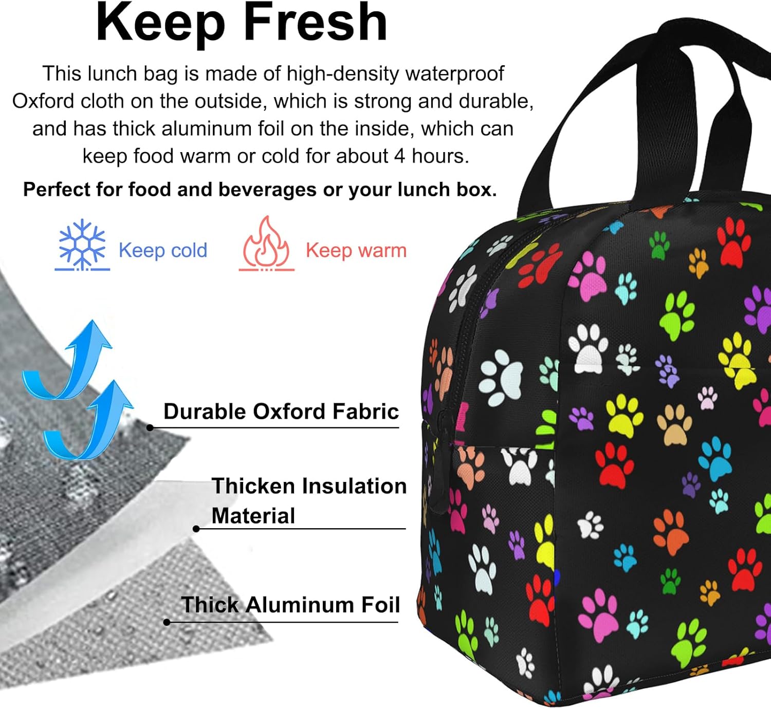 Dog Lunch Bag, Reusable Insulated Lunch Box Large Capacity Meal Tote for Kids Women Men Cooler Bag, Durability of Zippered Lunch Tote for Work School Picnic Travel, Dog Paws… - Image 4