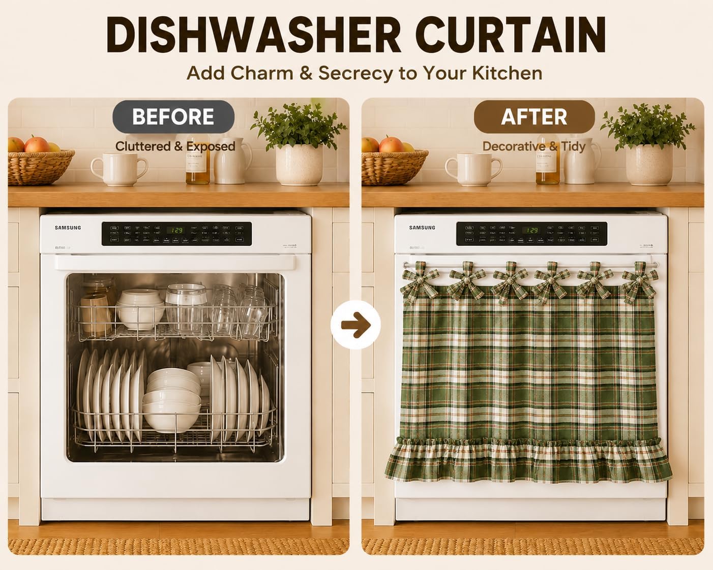 Farmhouse Oven Curtain for Kitchen Decor, Handmade Ruffled Oven Skirt Cover with Ribbon Ties, Rustic Appliance Cover for Stove Dishwasher Cabinet, Sage Green