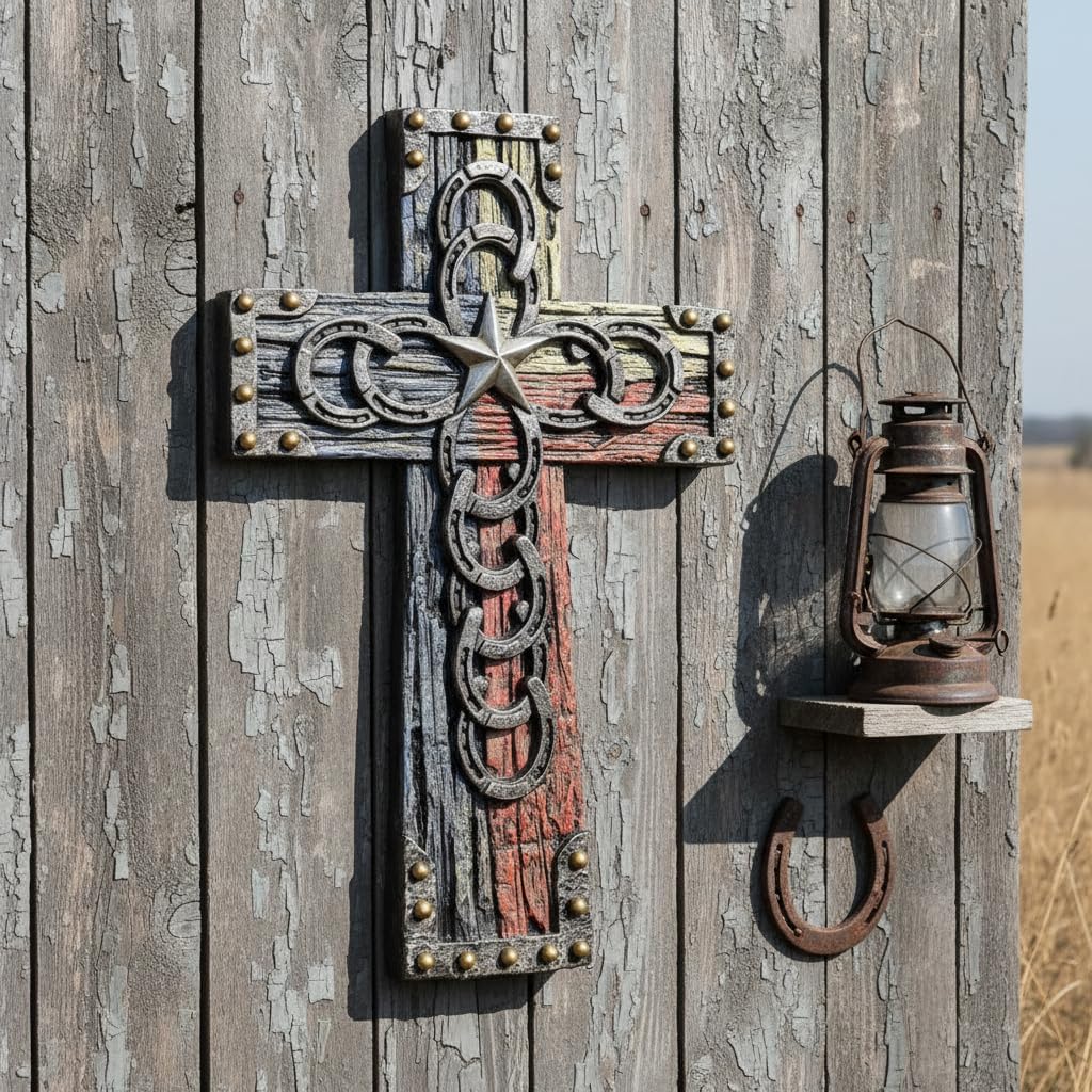 Comfy Hour 13" Wall Cross, Decorative Horseshoe Cross Wall Decor with Antique Silver Star, Western Style Faux Wood Religious Plaque, Artisan Crafted Resin Sculpture, Natural Brown, 1 Unit