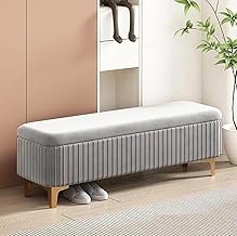 LEGACY OF COMFORT Qwen Velvet Upholstered Flip Top Storage Bench 2 Seater Sofa Upholstered Ottoman Bench with Storage for Living Room, Bedroom (Grey)
