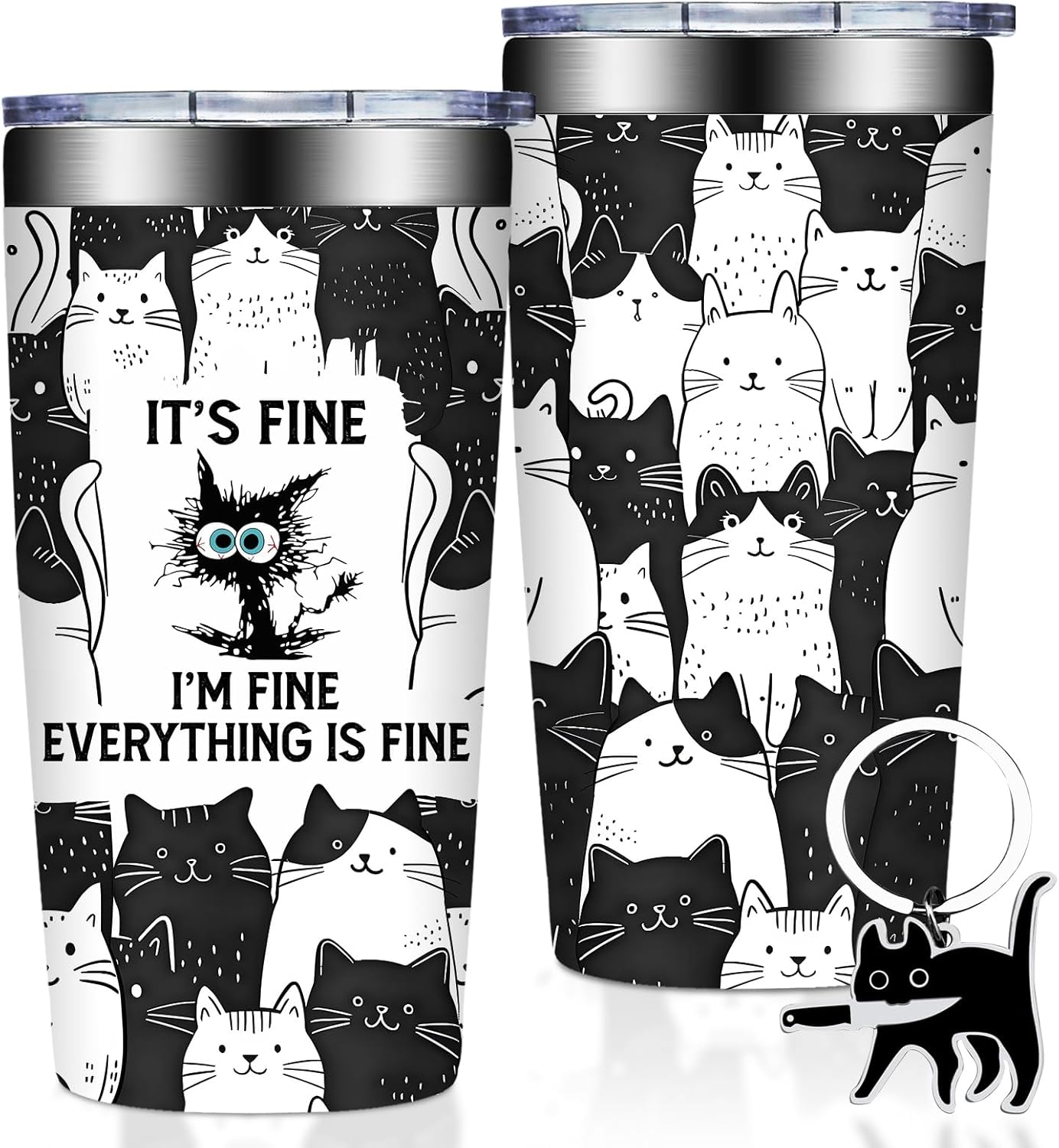 Grifarny Cat Lover Gifts for Women - Christmas, Birthday Gift for Cats Lovers - Black Cat Gifts - It's Fine I'm Fine Everything Fines Cat Tumbler Mug 20 oz