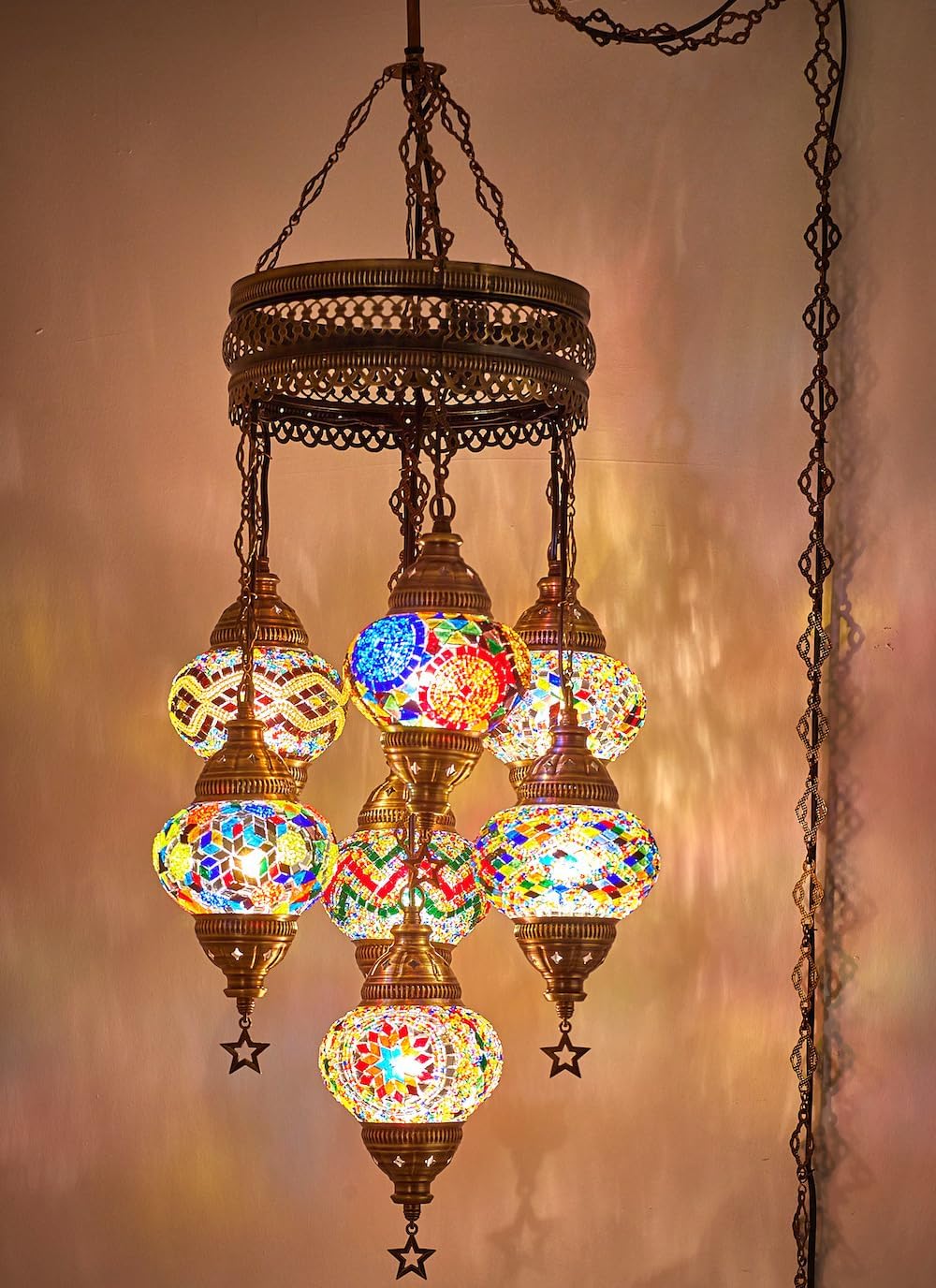 DEMMEX PLUGIN Turkish Moroccan Mosaic Chandelier Light, Ceiling Hanging Lamp Pendant Light Fixture with 15ft Cord Chain and Plug, Handmade, 7 Globes PLUGIN, 37"- 95cm Height