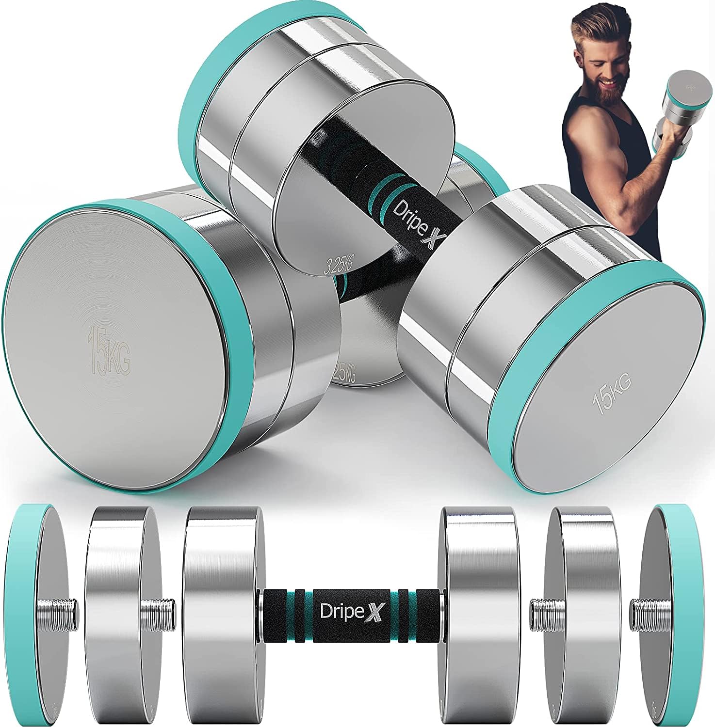 Dripex Coppia di manubri, Set di Manubri, 10kg Coppia, 15 kg Coppia, 20kg Coppia, 30kg coppia Pesi Manubri Palestra Regolabili Acciaio