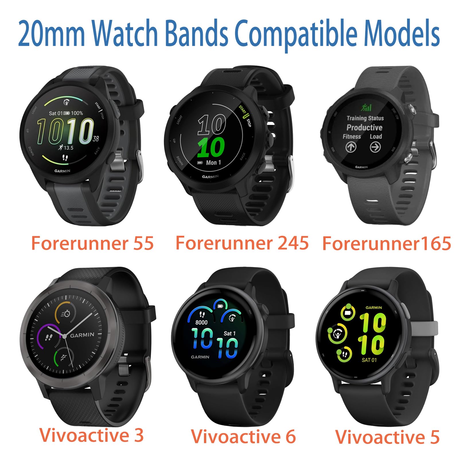 20mm Bracelet Compatible pour Garmin Forerunner 245 55 165 645 158 Bracelets de Remplacement Libération Rapide en Silicone Strap Femme Homme, Accessoires (Pas de Tracker)