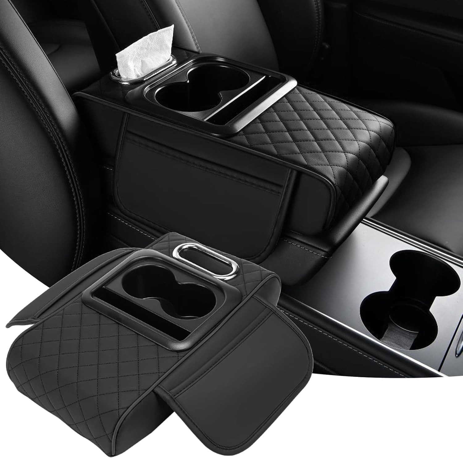 (1 Pieces/BLACK) Premium Car Armrest Cushion Organizer, 5-in-1 Center Console Cover with 2 Cup Holders & Dual Storage Bags, PU Leather Heightened Armrest Pad with Phone & Tissue Holder for CarInterior-image-13