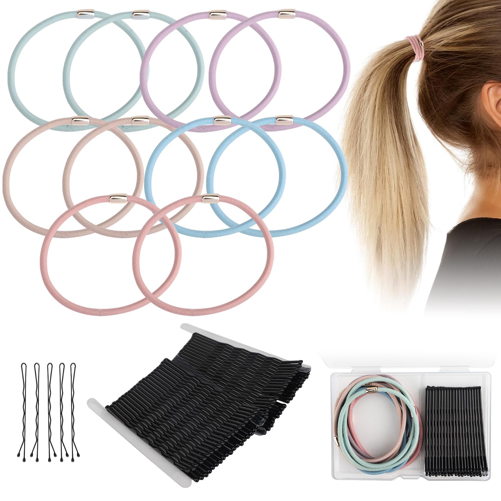 Horquilla de Pelo Metalica, 40 pcs Clips de Pelo Negro + 10 pcs Gomas de Pelo con Caja de Almacenamiento, Pinza Horquilla Invisible Onduladas de Pelo para Niña, Chica y Mujer