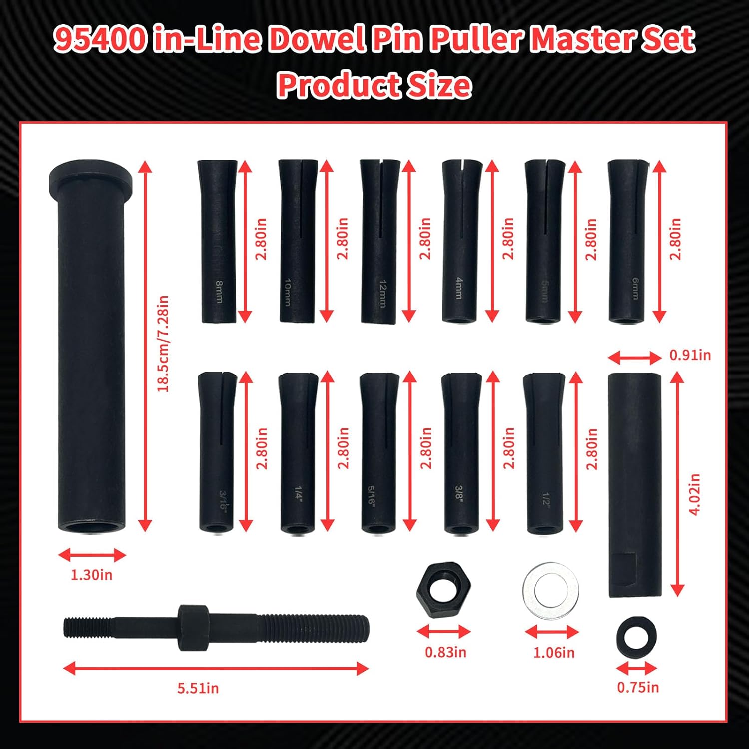 95400 in-Line Dowel Pin Puller Master Set, Includes Both SAE and Metric Collets, 18 PCS Efficient and Time-Saving Dowel Pin Puller Tool