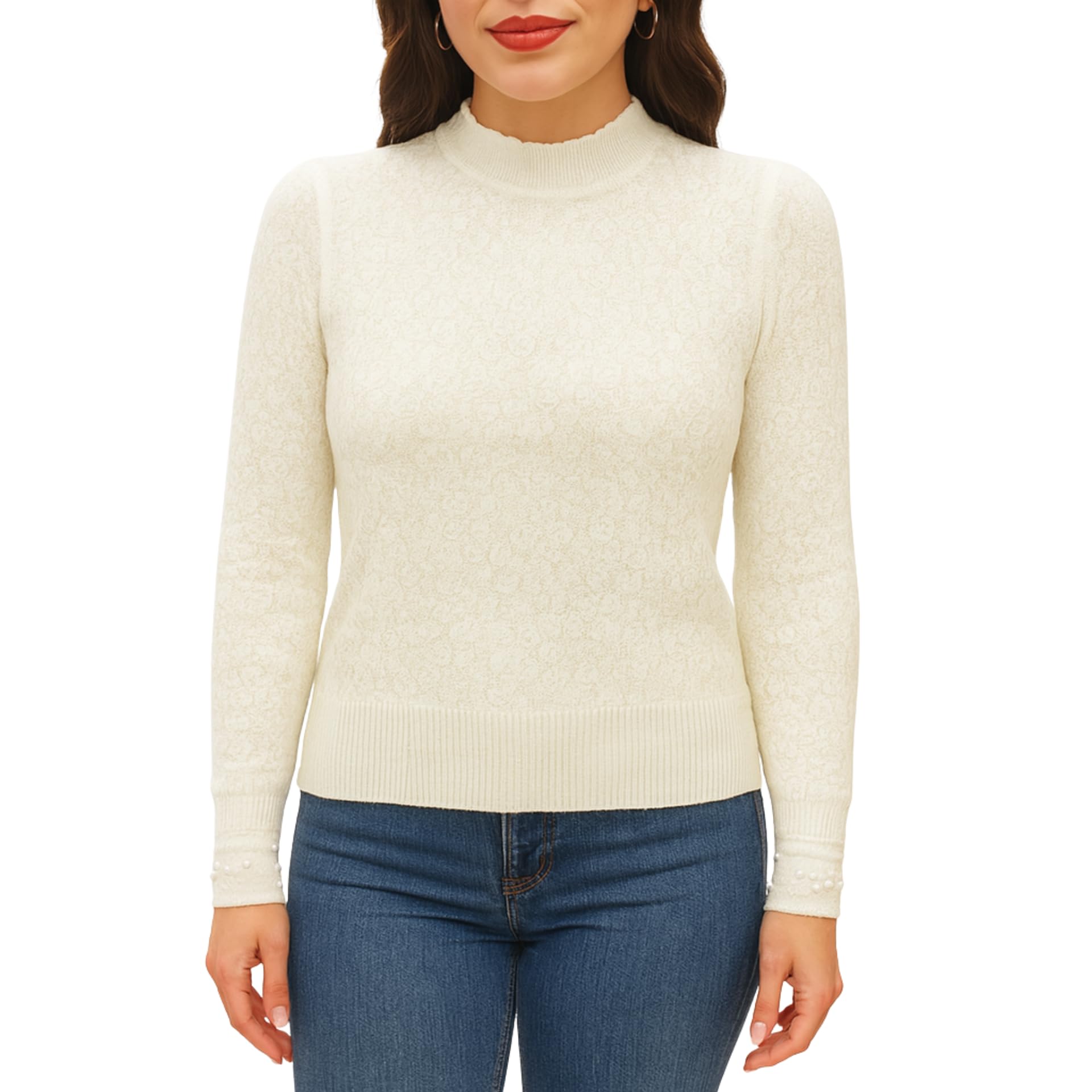 Women’s Lace Sleeve High Neck Sweater | Soft Knit Winter Top with Pearl Button Front | Elegant Floral Lace Design | Casual Pullover Cream White-image-17