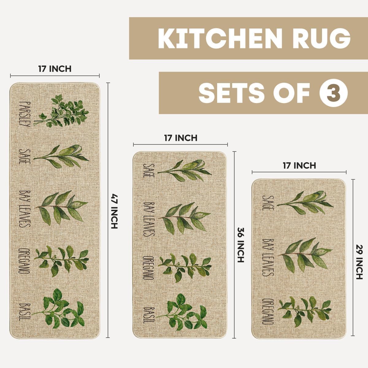 Artoid Mode Parsley Sage Oregano Basil Bay Leaves Kitchen Mats Set of 3, Seasonal Holiday Party Low-Profile Floor Mat for Home Kitchen - 17"x29"+17"x36"+17"x47"