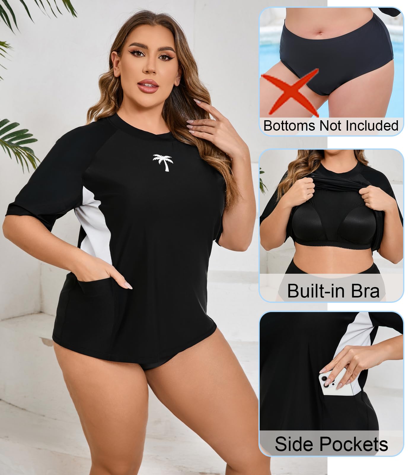Halcurt Camiseta de natación de manga corta para mujer, talla grande, con brasier integrado, UPF50+, parte superior de traje de baño con bolsillos