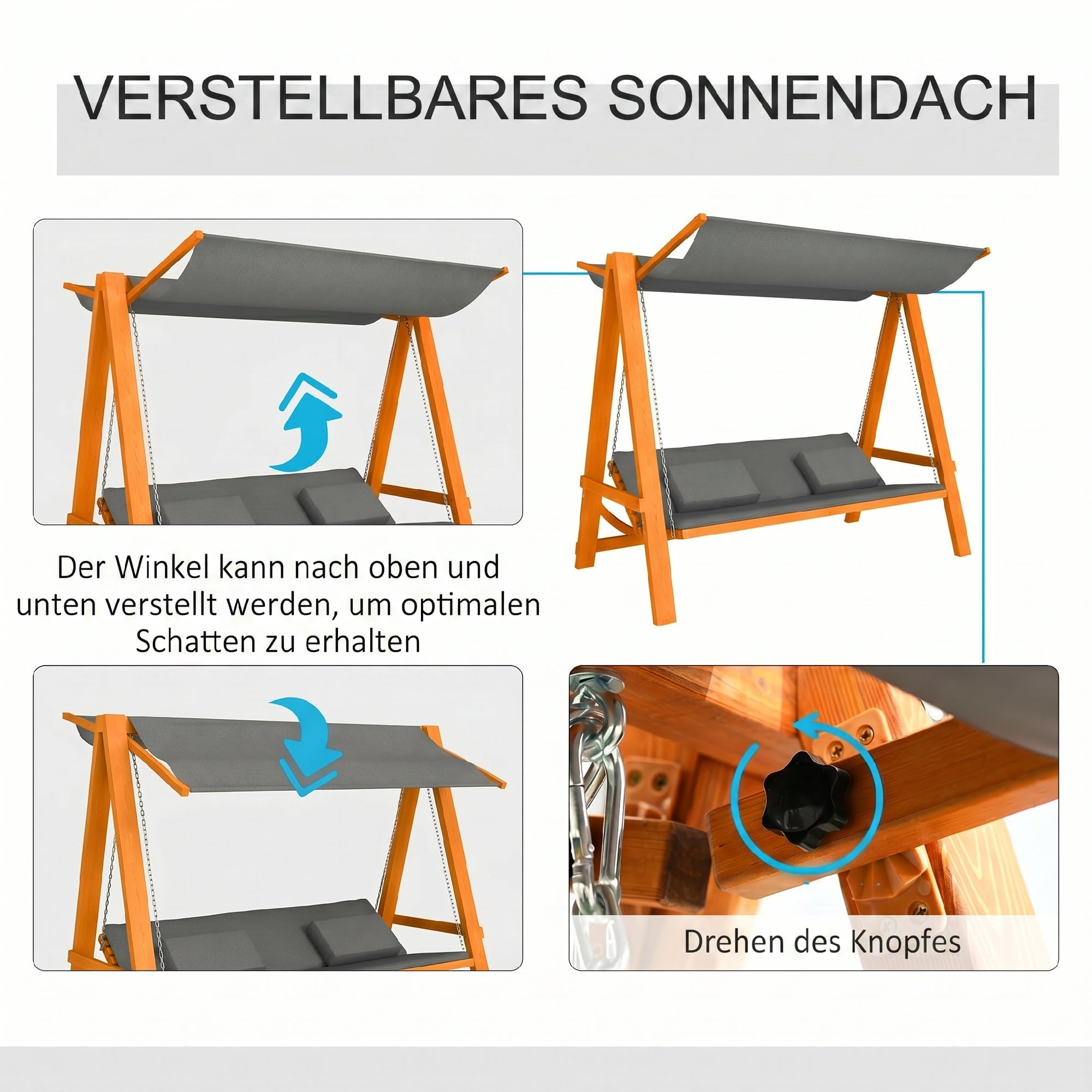 Outsunny Hollywoodschaukel mit Bettfunktion 3-Sitzer Holzschaukel mit verstellbarem Sonnendach Lärche Gartenschaukel belast 240kg Gartenliege Schaukelbank für Terrasse, 225,5 x 130 x 180 cm Grau+Teak
