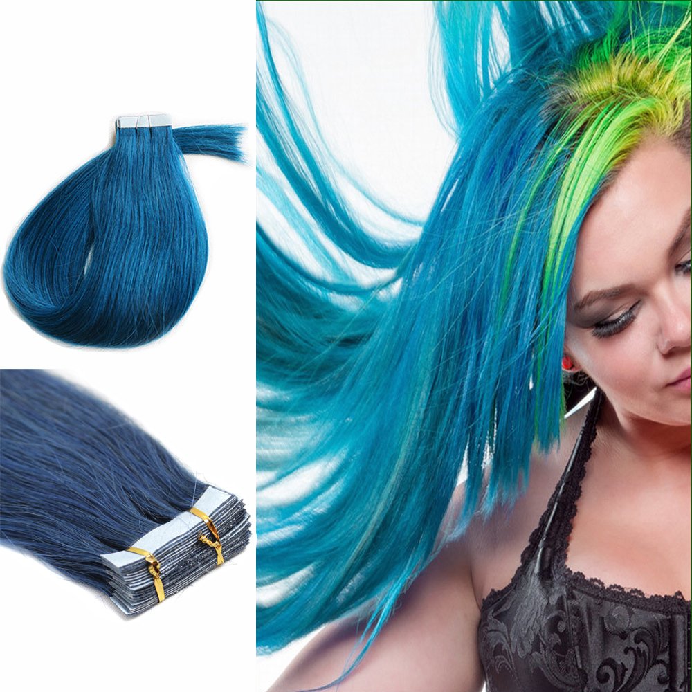 16-24Inch PU Tape in Remy Human Hair Extensions Straight Fashion 20pcs (24Inch 70grams, Blue)