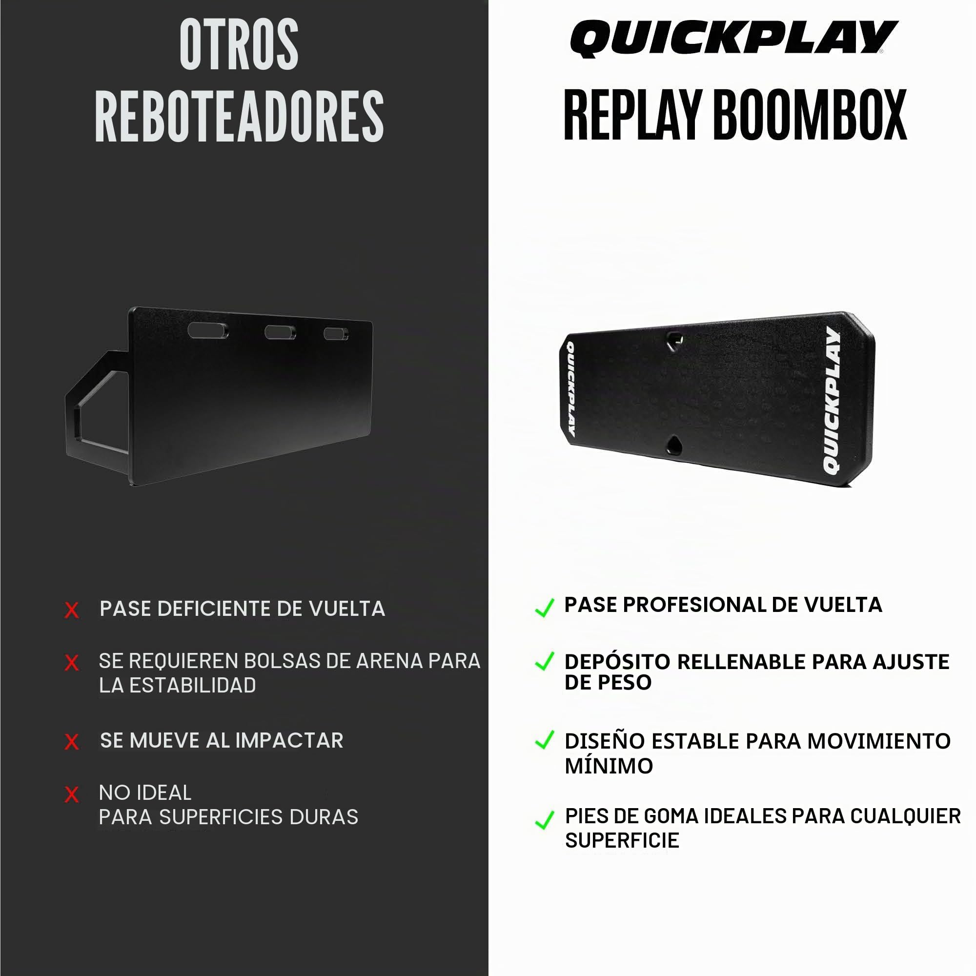 QuickPlay Replay Boombox - Tablero de rebote de fútbol portátil de doble superficie con ángulo ajustable - Equipo de entrenamiento de fútbol para control, práctica de pases
