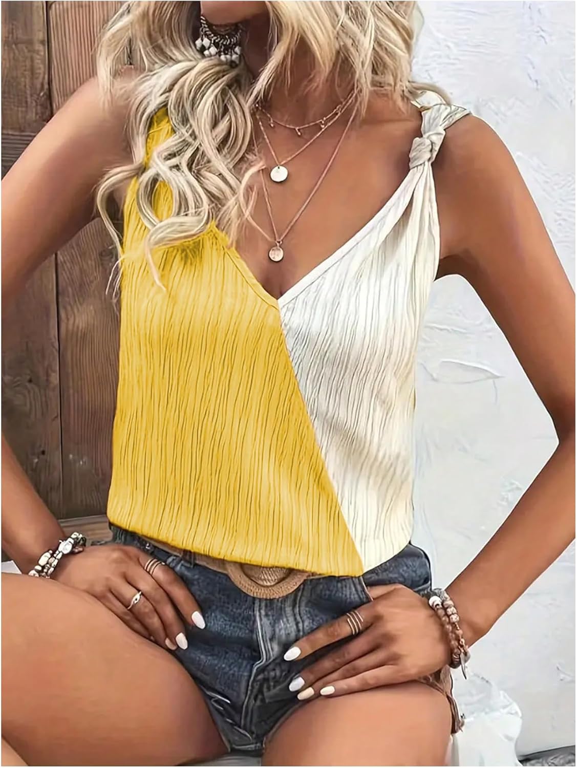 Women's Color Block Knot Front Tank Top Sleeveless V Neck Summer Shirts - Image 3