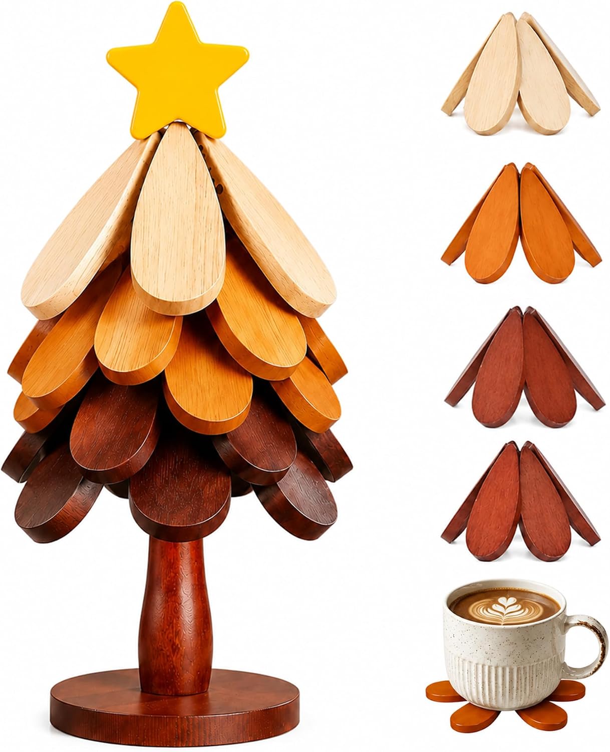 Wooden Trivets for Hot Dishes Christmas Tree Trivet Set of 5 with Stand, Foldable Heat Resistant Trivets for Hot Pots, Pans, Kitchen Table Countertop Protector, Christmas Kitchen Home Decor Gift
